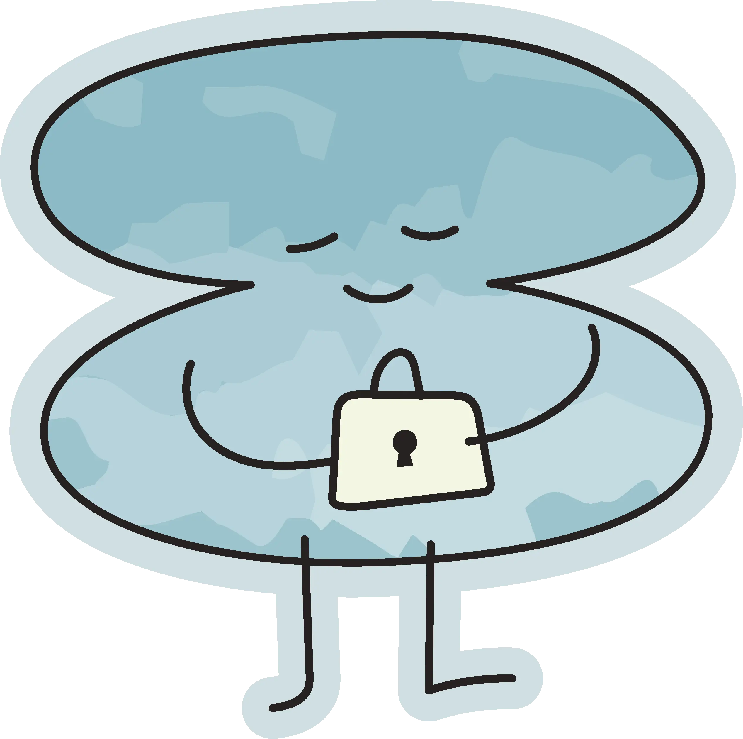 A pastel blue character, shaped like a figure 8, is standing with its eyes closed. It’s holding a lock with both hands.