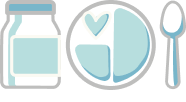Pale blue icon depicting a glass jar, plate, and spoon. The plate is divided into 3 sections, one of which is a heart.