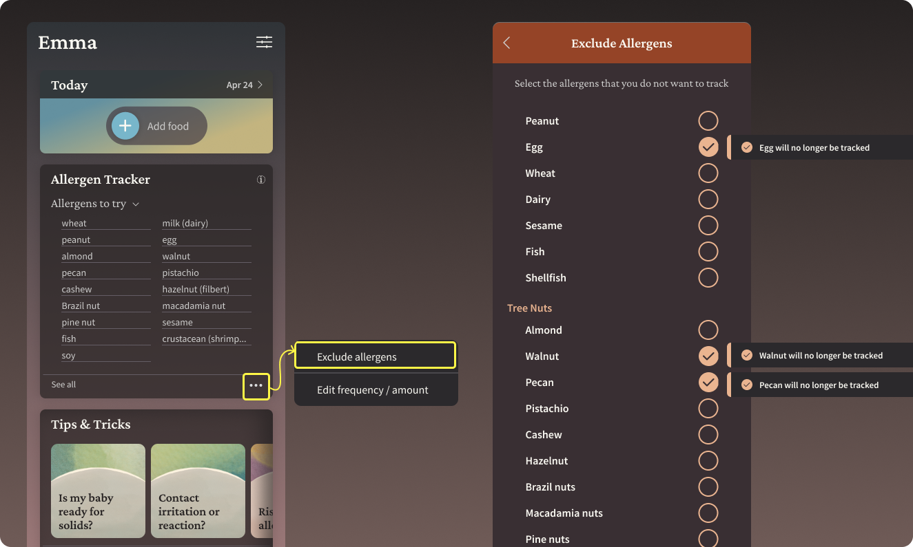 Two screenshots showing where to find the three-dot “Exclude allergens” menu on the Today screen. The second screenshot shows an example of three allergens excluded from the tracker.