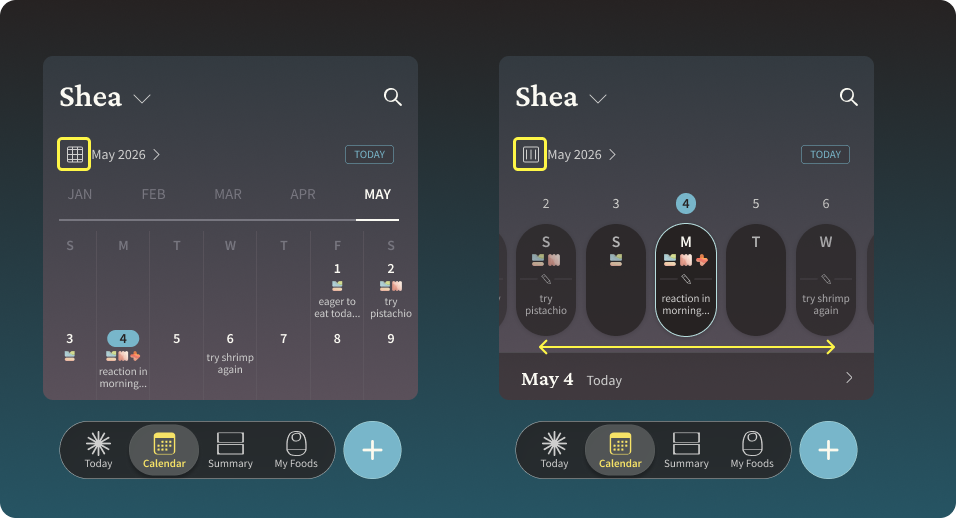 Two screenshots of the Calendar feature displaying the Grid and Rolling views. A yellow box highlights the icon used to switch between the two views.