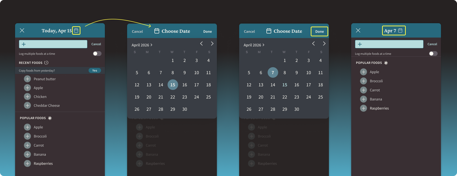 Sequence of four screenshots showing how to log a food to a previous date using the Calendar icon next to the date in any daily log. The Calendar icon is outlined in yellow.