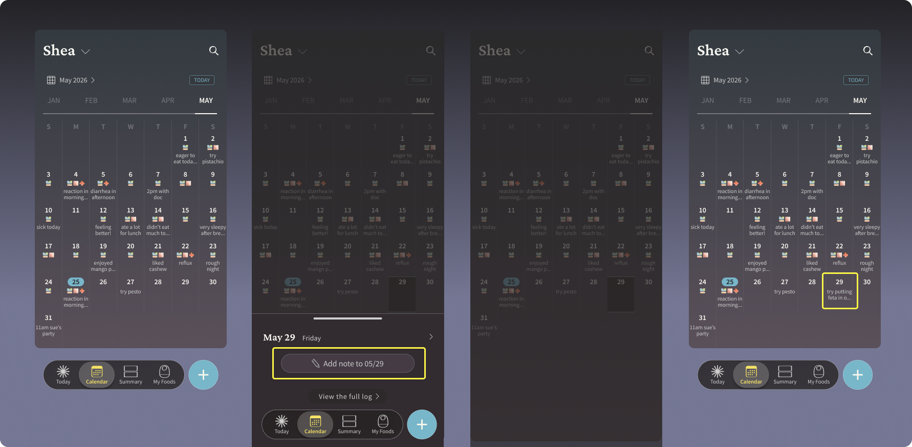 Four screenshots showing the Grid view of a completed Calendar, how to add a custom note to a daily log via the Grid view, an example of a custom note, and how the note appears on the Calendar after it is saved.
