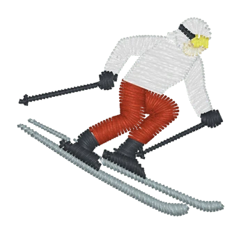 Stickerei eines Skifahrers in weißer Jacke und roter Hose auf Skiern.