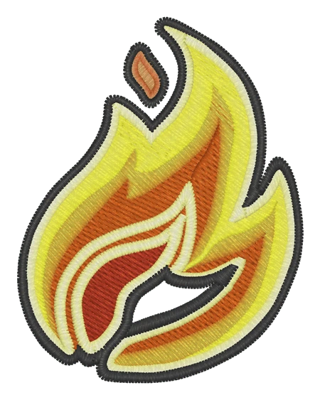 Stickerei einer gelben und orangefarbenen Flamme mit schwarzer Umrandung.