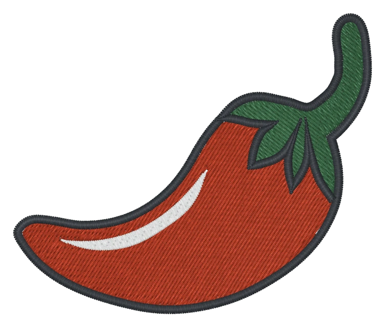 Stickerei einer roten Chilischote mit grünem Stiel.