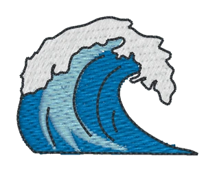 Stickerei einer blauen Welle mit weißer Gischt, stilisiert dargestellt.