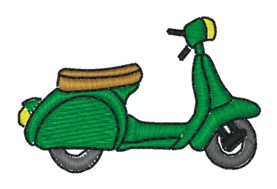 Stickerei eines grünen Vespa-Rollers in Seitenansicht.