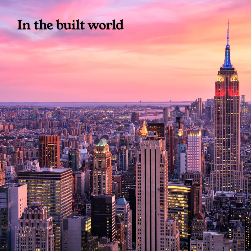 In the Built World happy hour event cover, the Manhattan skyline at sunset