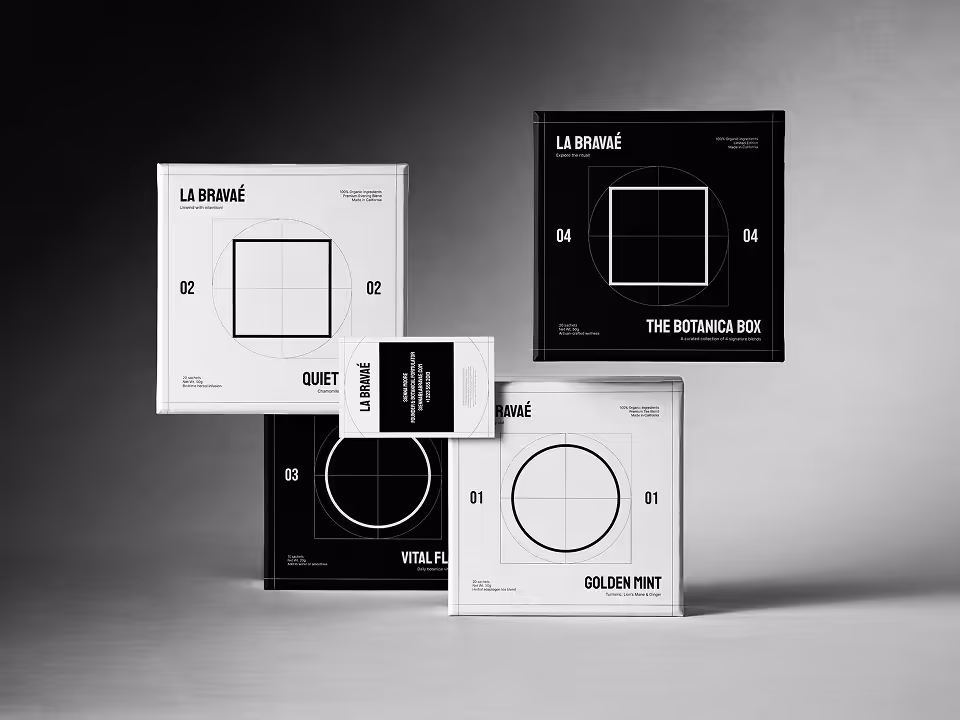 A black and white mockup of branded boxes stacked on top of each other.