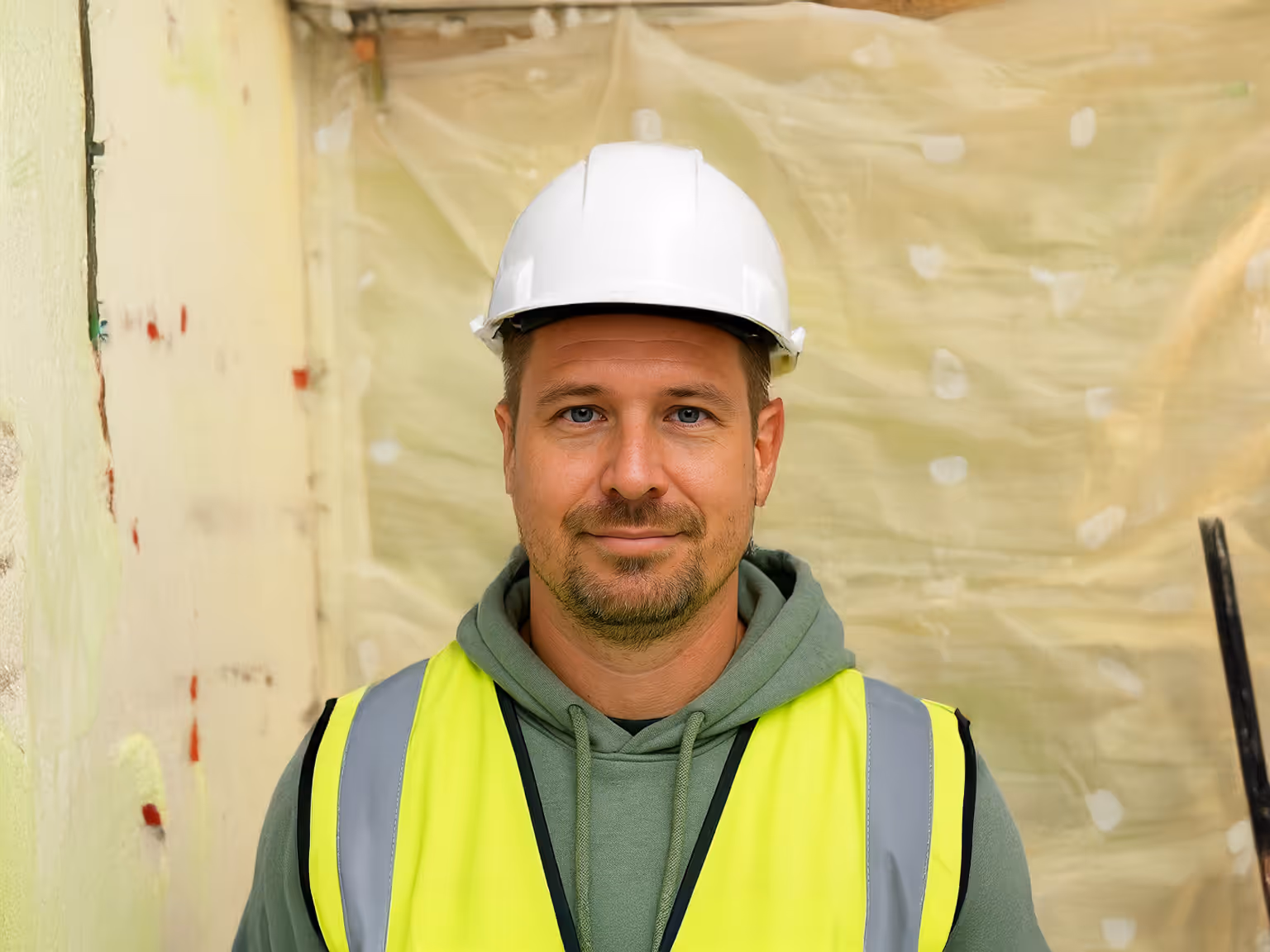 Man wearing a white construction helmet and yellow safety vest over a green hoodie, standing indoors at a construction site.