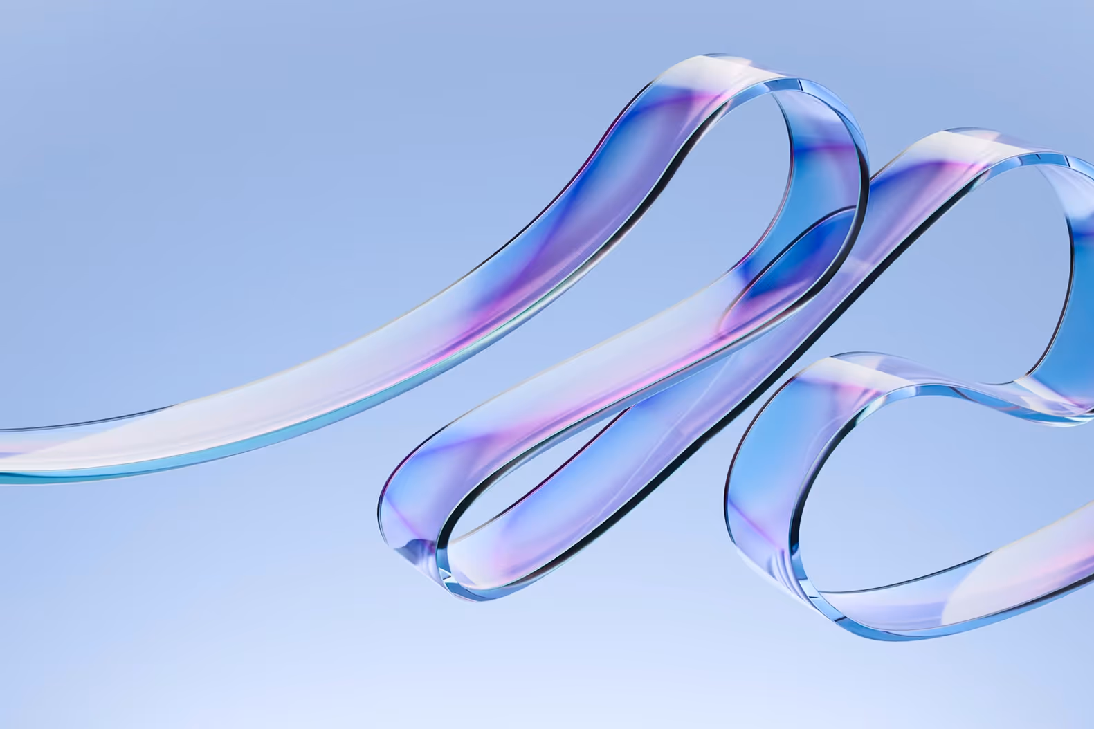 Translucent, wavy ribbons with blue and purple hues floating against a light blue background.