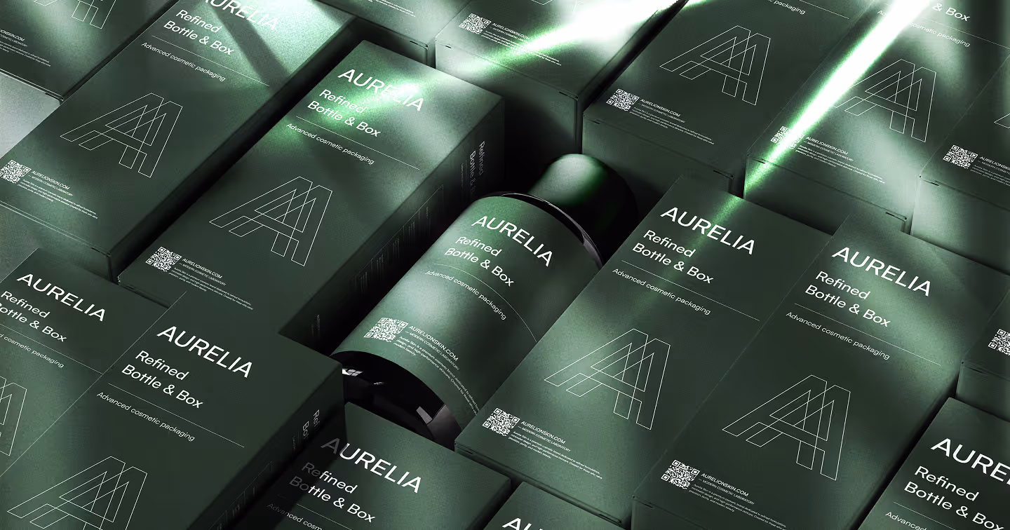Multiple green cosmetic boxes and one bottle labeled 'Aurelia Refined Bottle & Box' with advanced cosmetic packaging design.