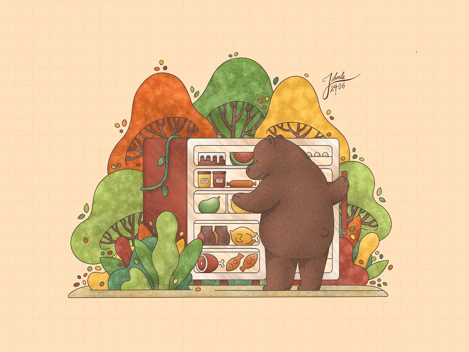 Illustration of a brown bear standing in front of an open refrigerator filled with food, surrounded by colorful stylized trees and plants.