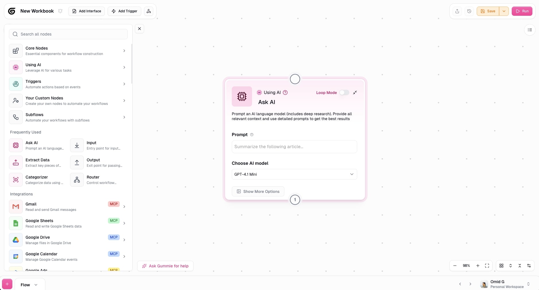 Ask AI node in the Gumloop canvas