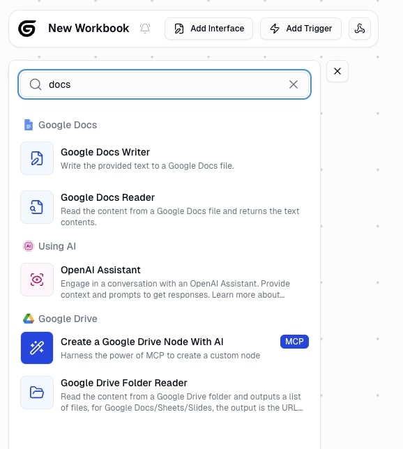 Google Docs node in Gumloop