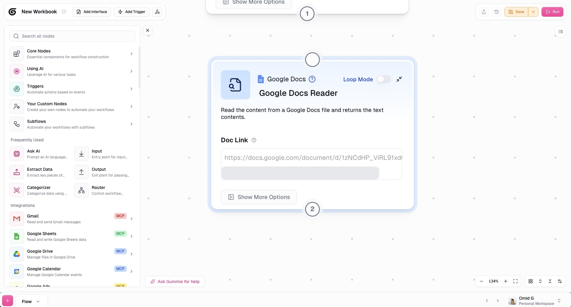 Google Docs Reader node in Gumloop