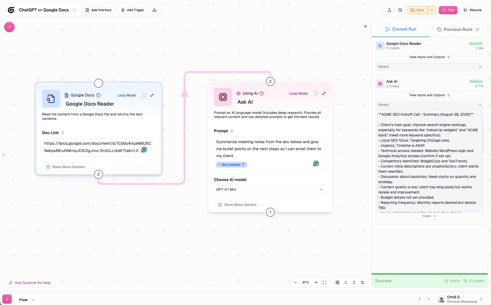 Successful Google Docs Reader to ChatGPT flow