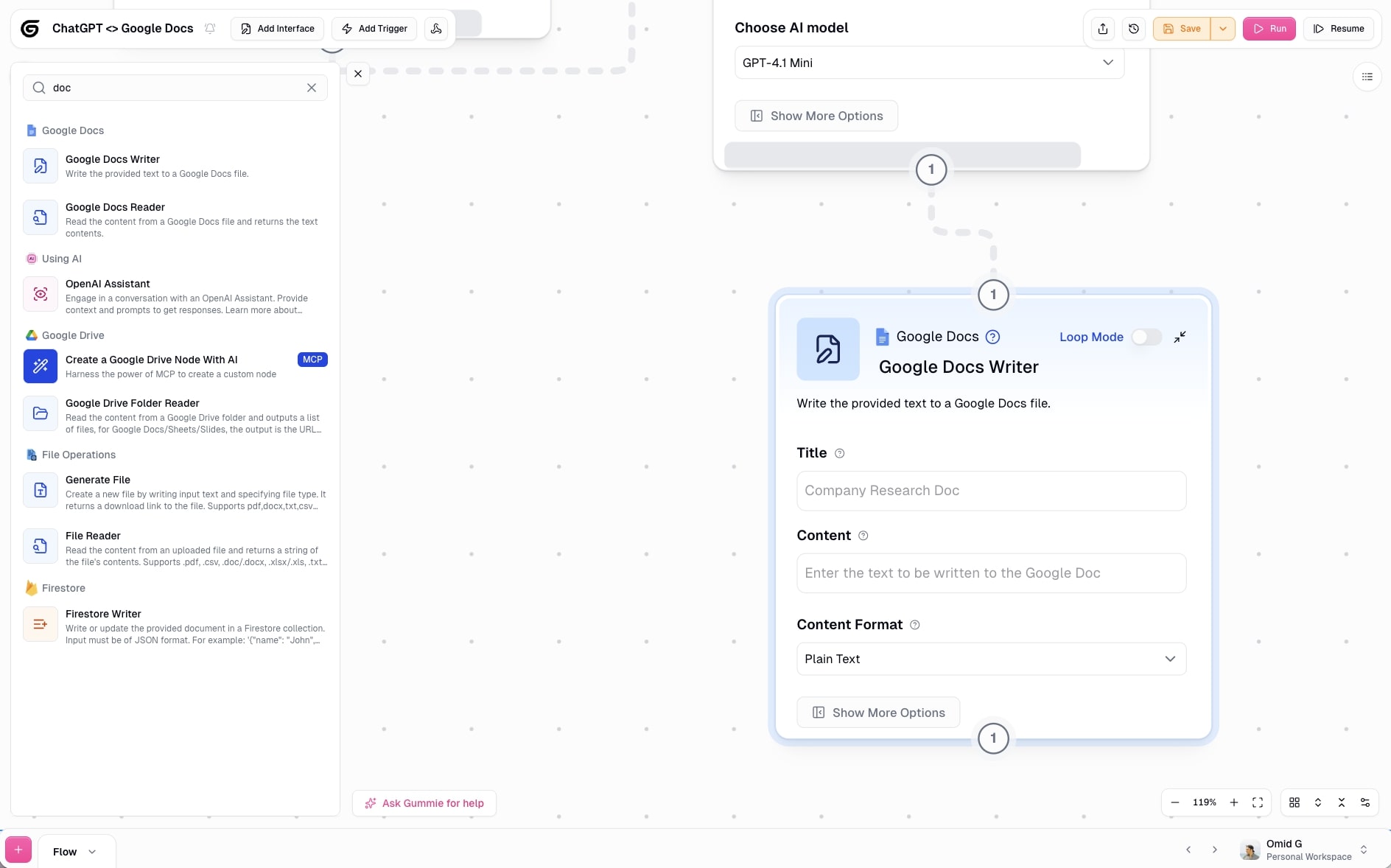 Google Docs Writer node