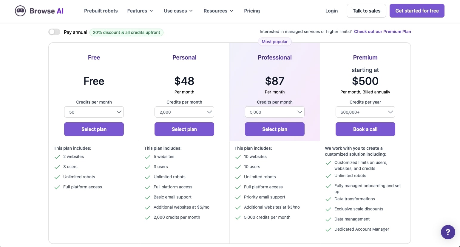 Browse AI pricing plans