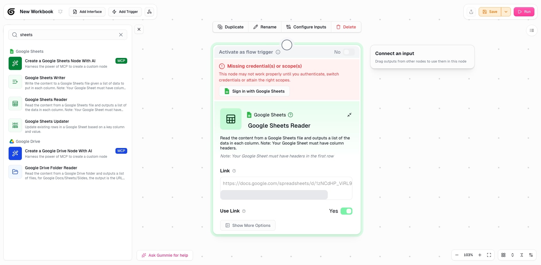 Google Sheets Reader node