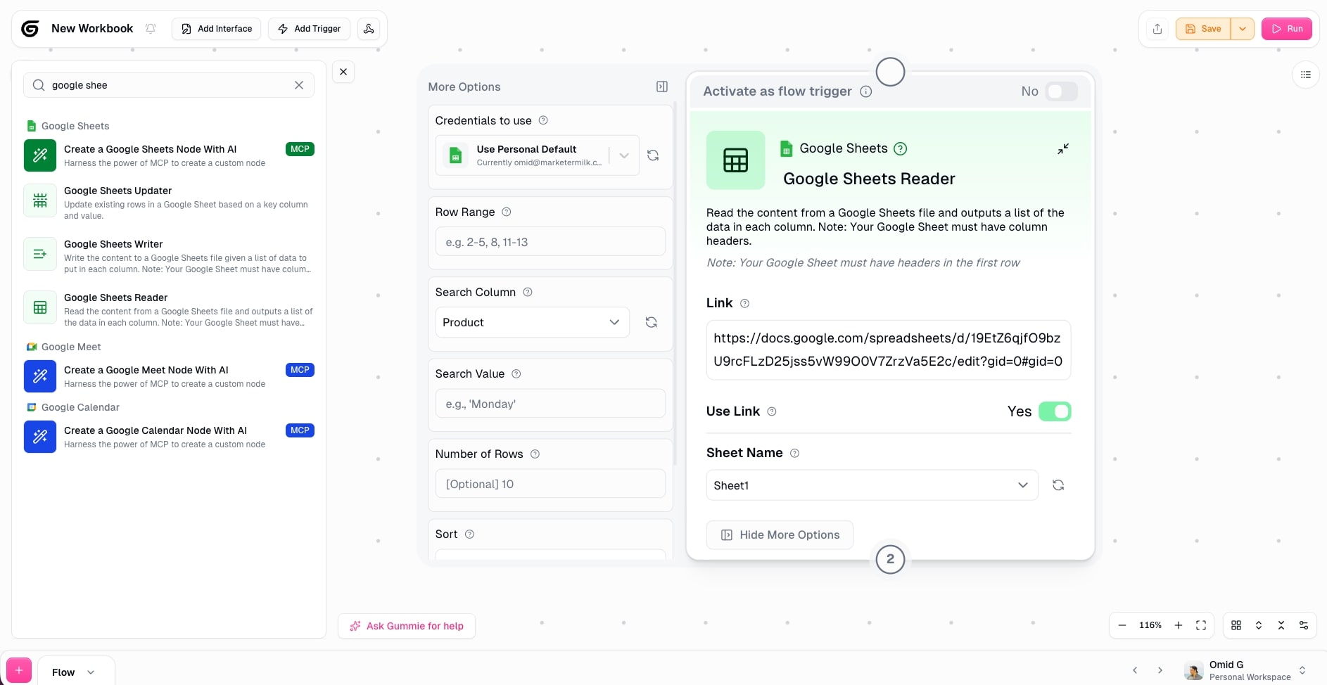 Configuring the Google Sheets Reader
