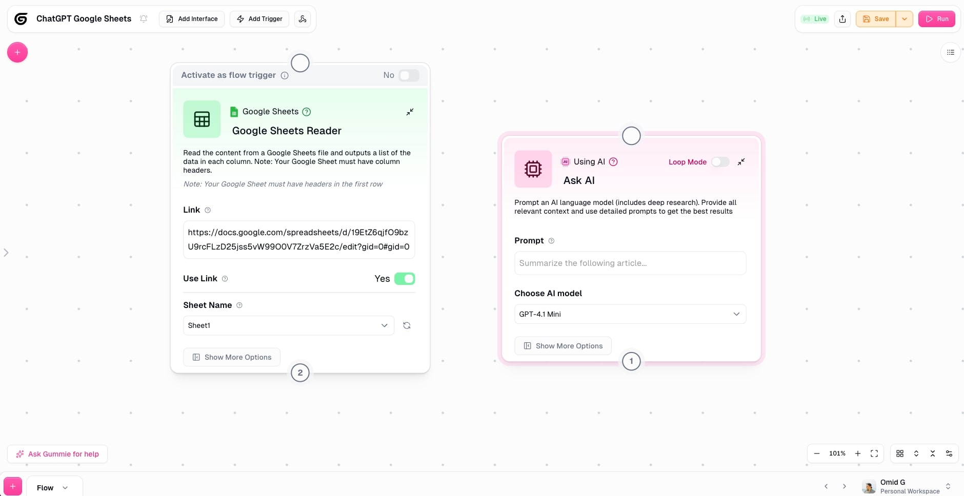 Ask AI node in Gumloop