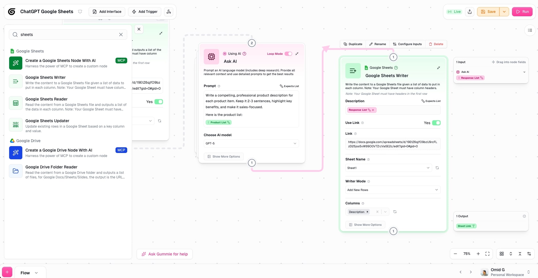 Connecting ChatGPT response to Google Sheets Writer