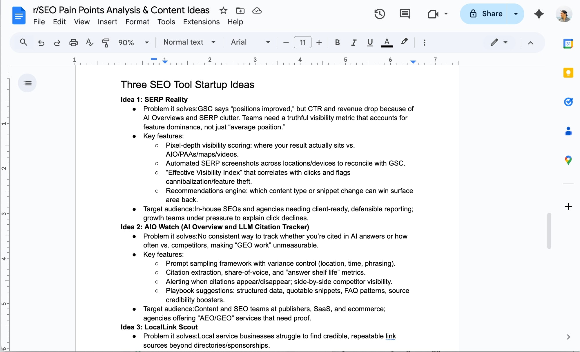 Startup tool ideas in a Google Doc