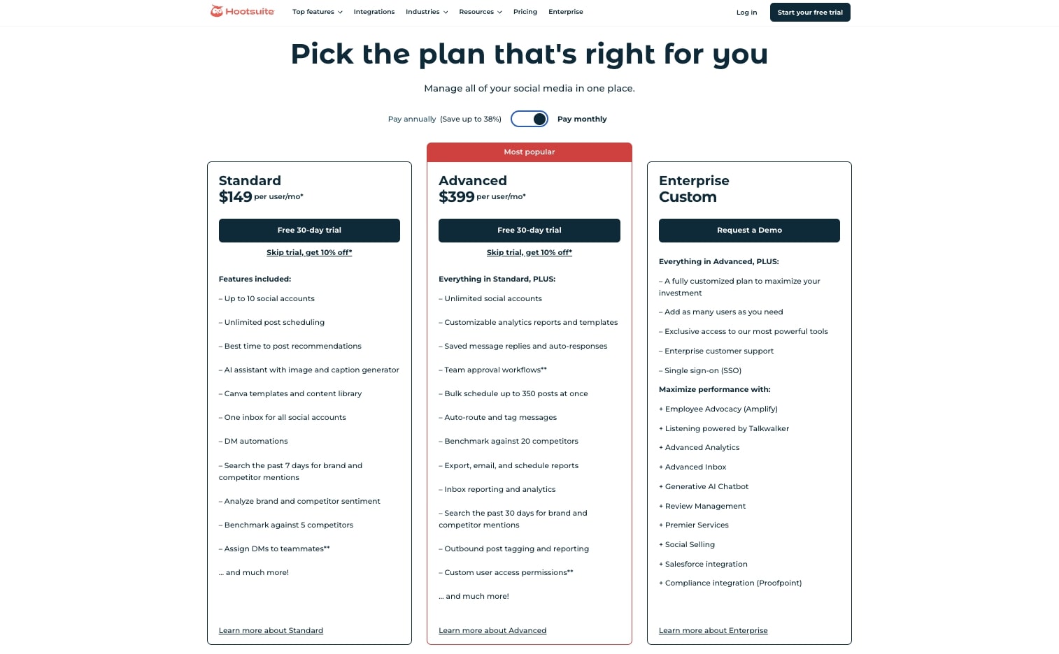 Hootsuite pricing plans