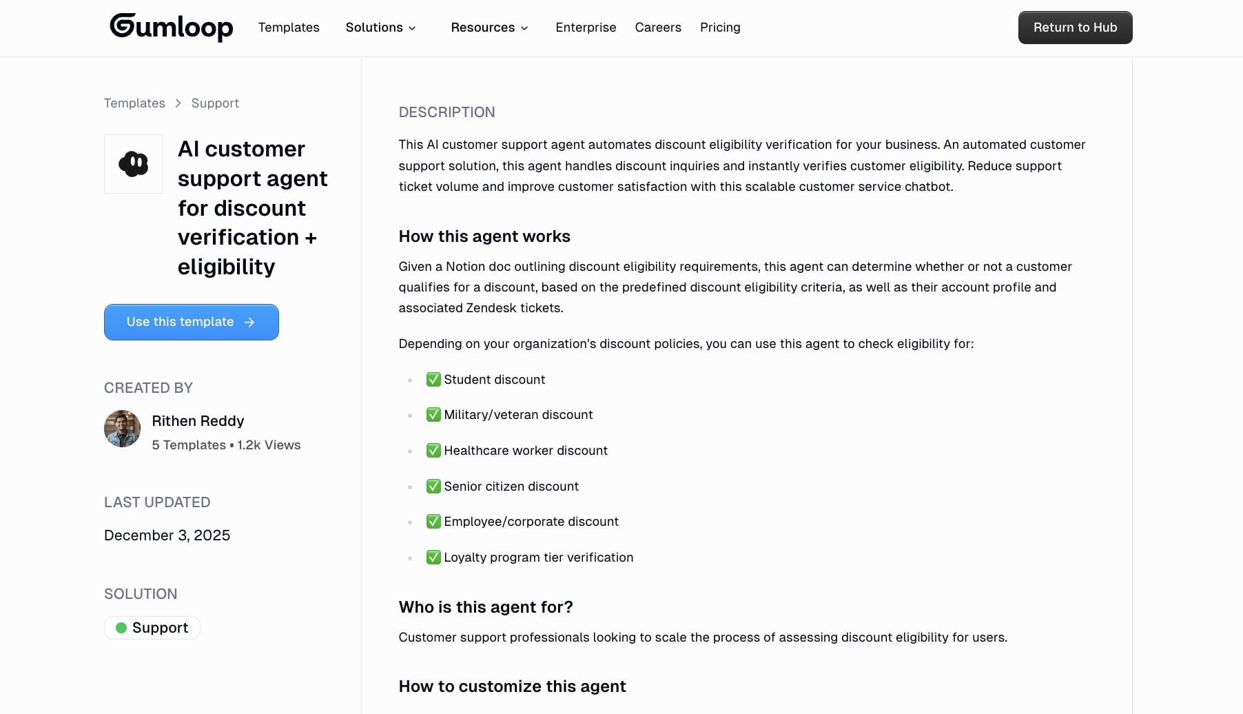 Gumloop support AI agent template