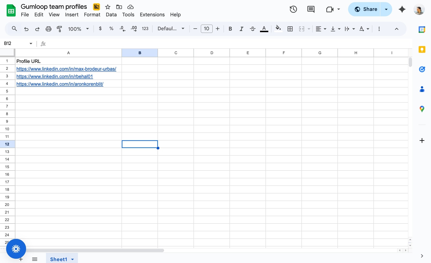 Google Sheet with just LinkedIn URLs