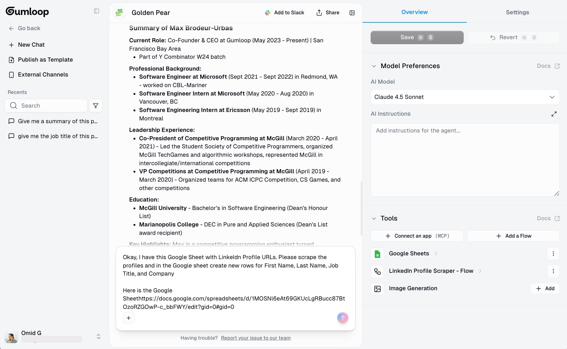 Telling the LinkedIn AI agent to run the task on the Google Sheet