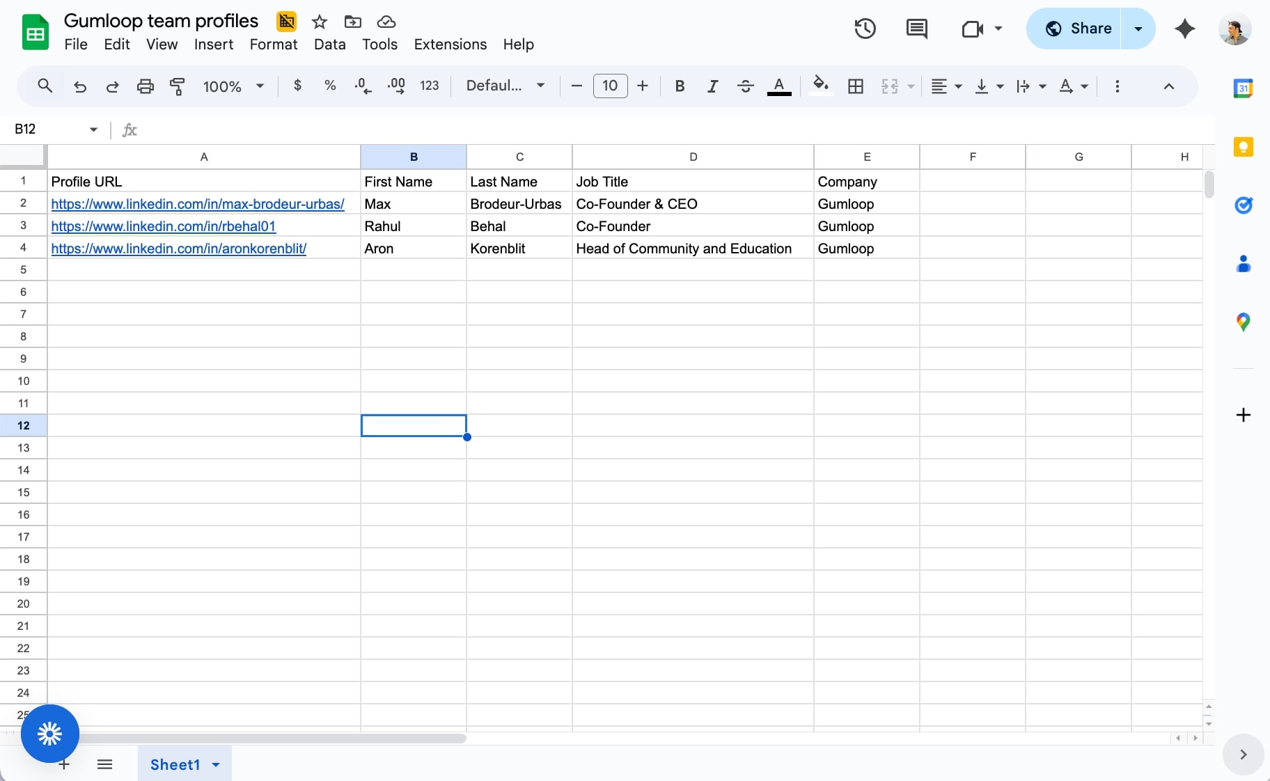 Fully filled out Google Sheet with LinkedIn profile information