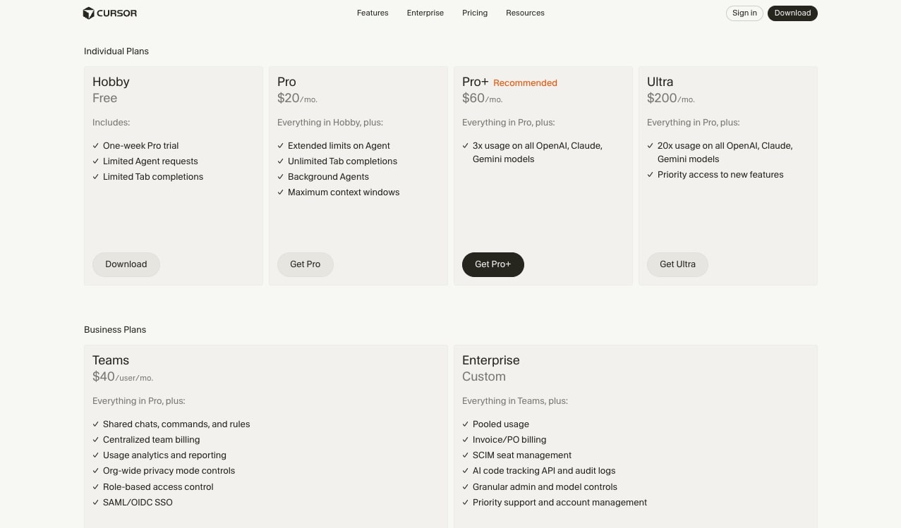 Cursor pricing plans