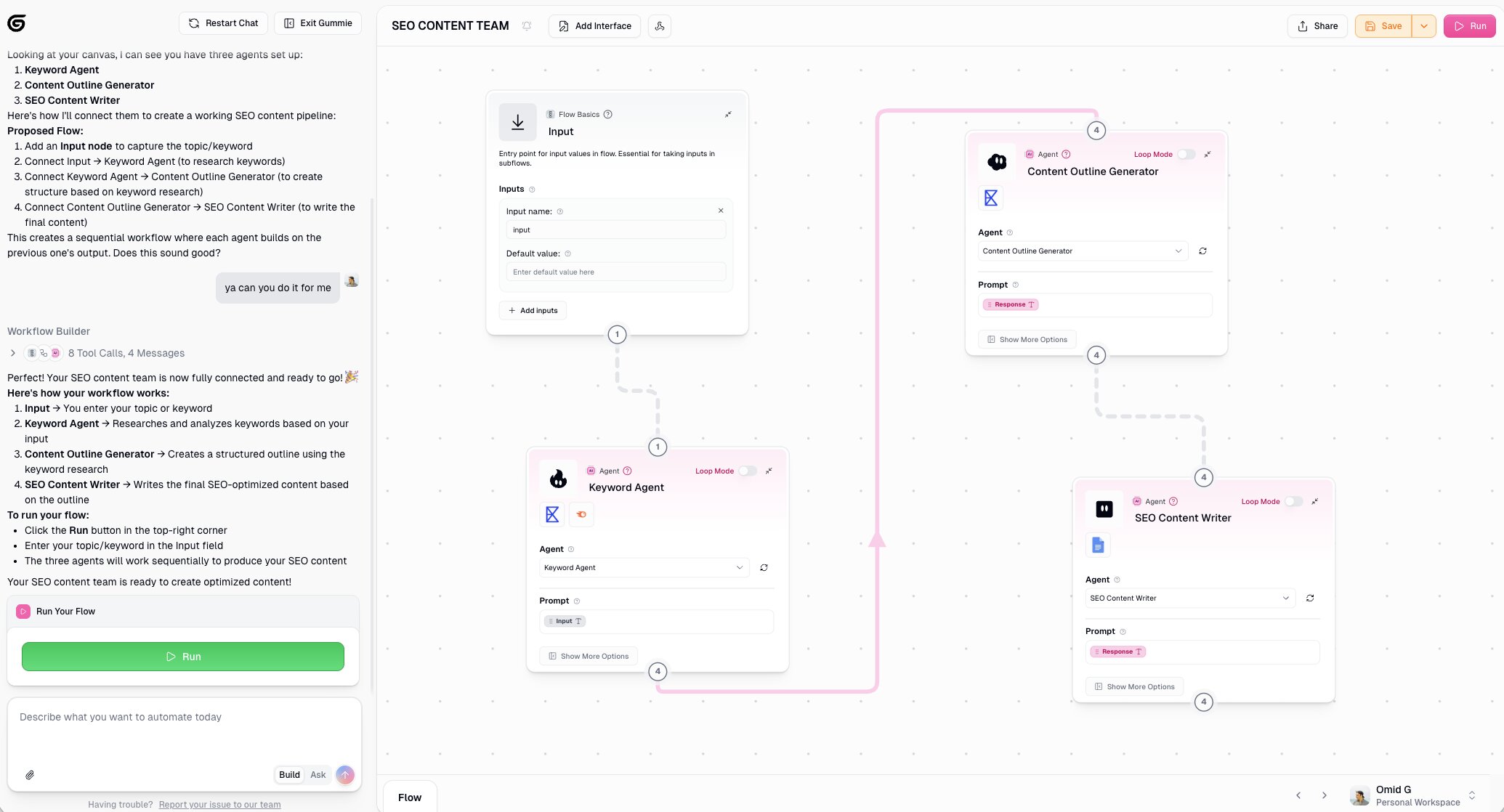 Team of AI agents in workflow
