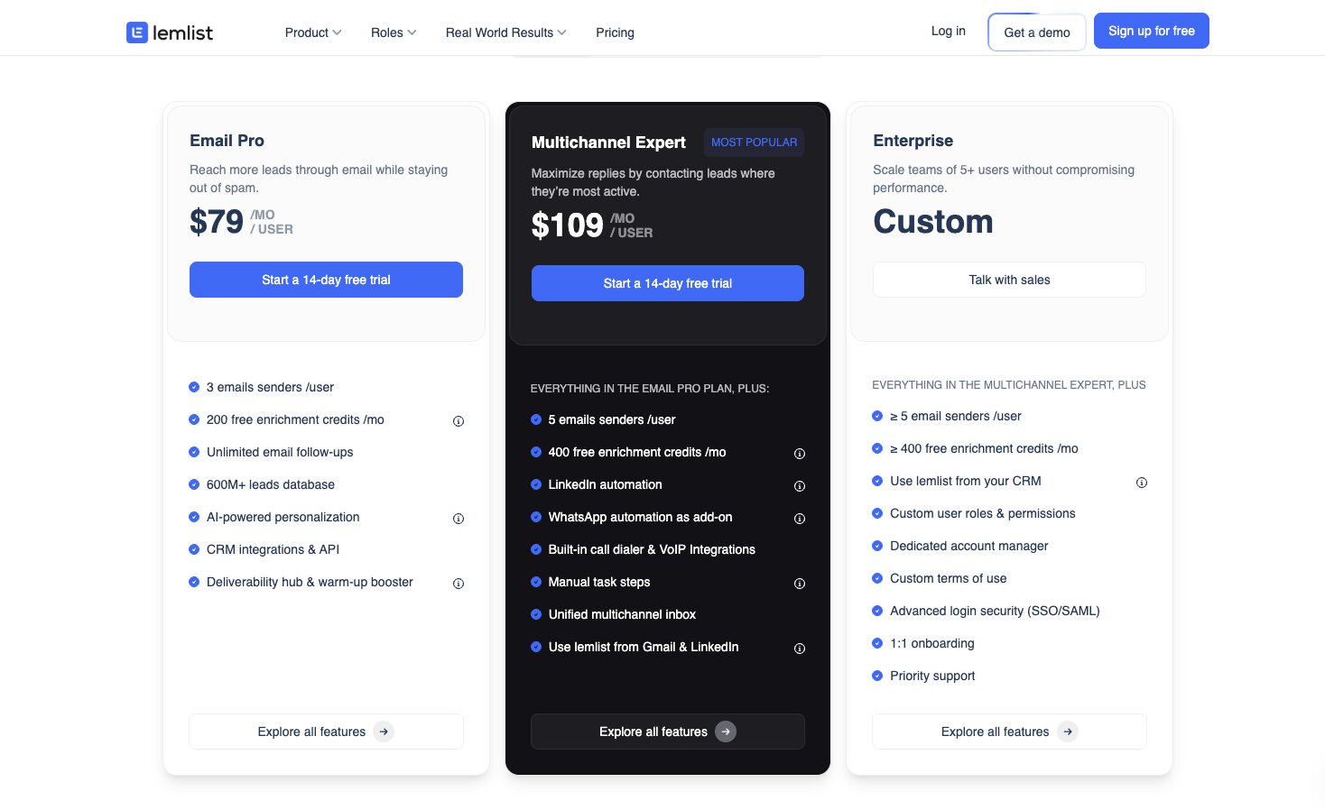 Lemlist pricing plans