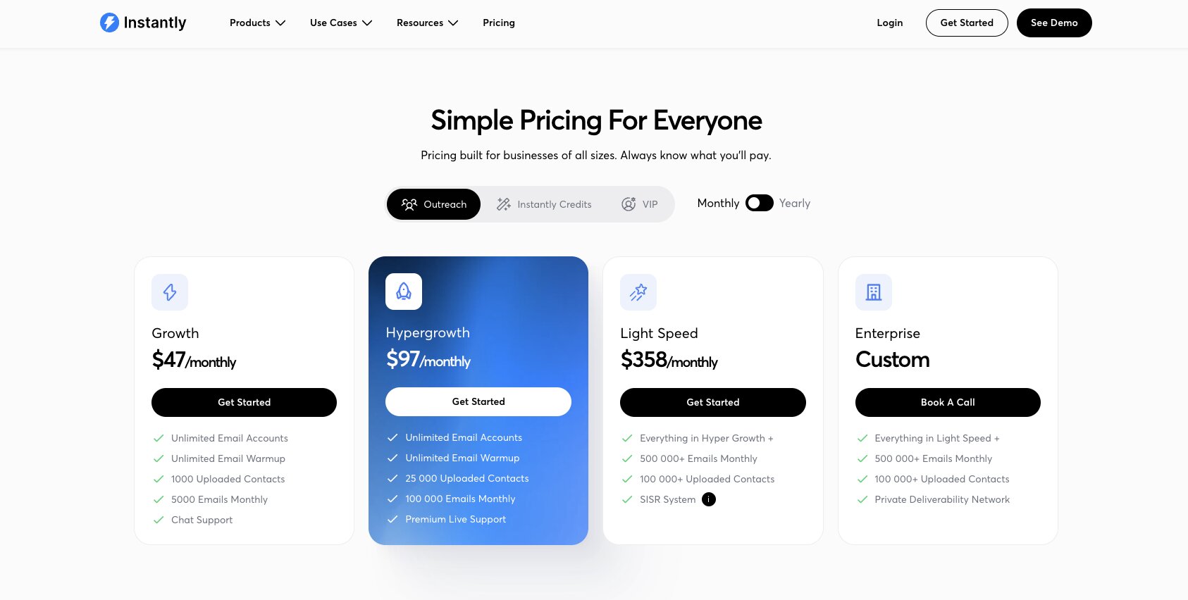 Instantly pricing page