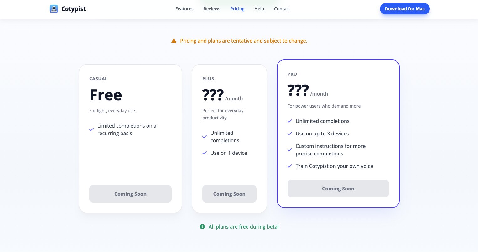 Cotypist pricing plans