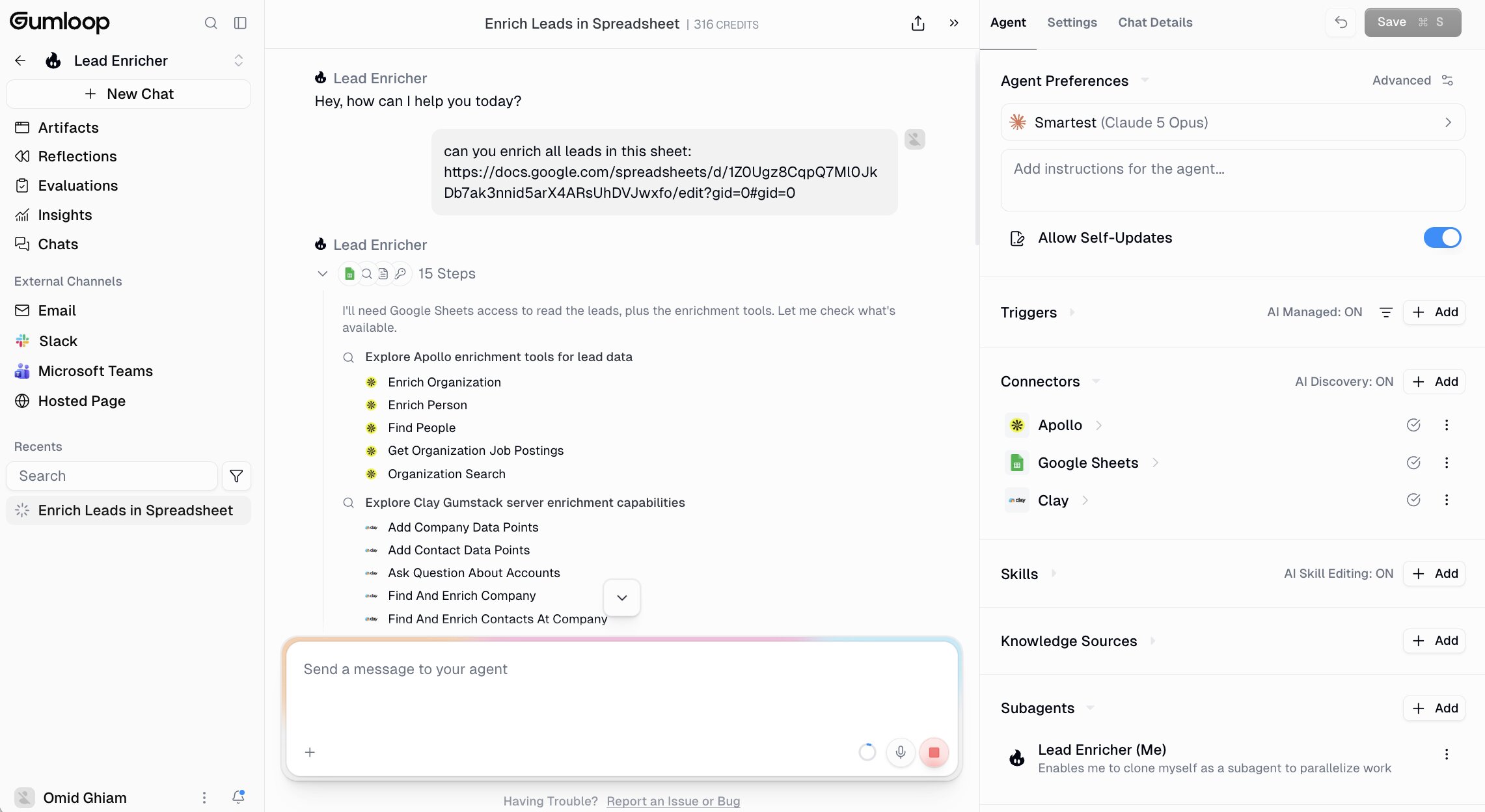 Data enrichment agent in Gumloop