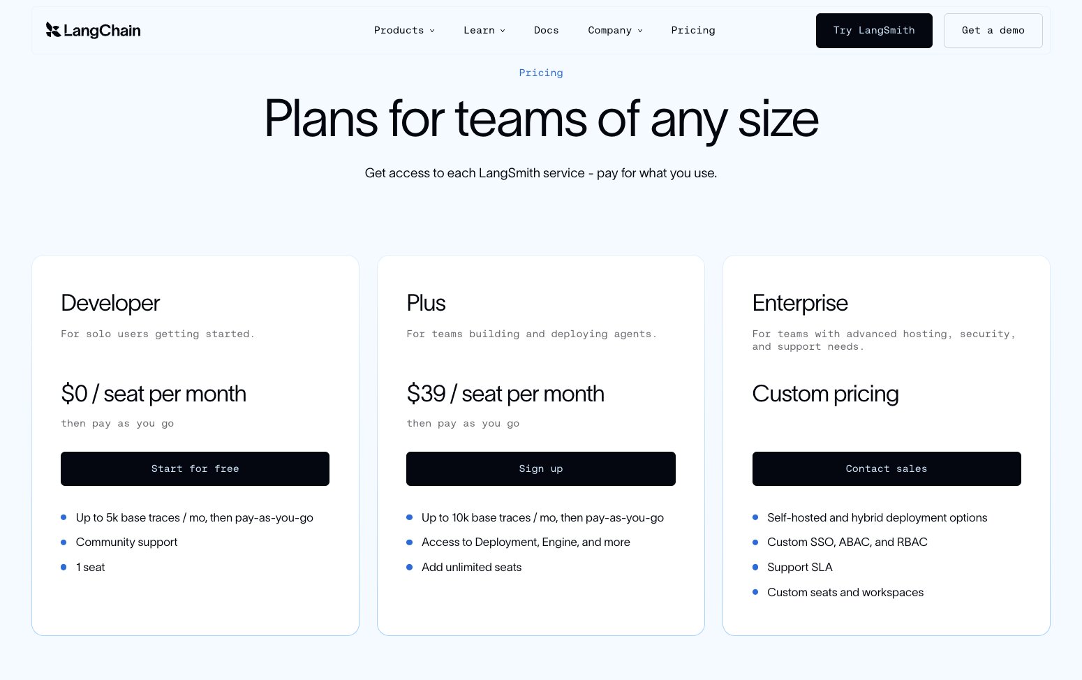LangSmith pricing plans (included in LangChain)