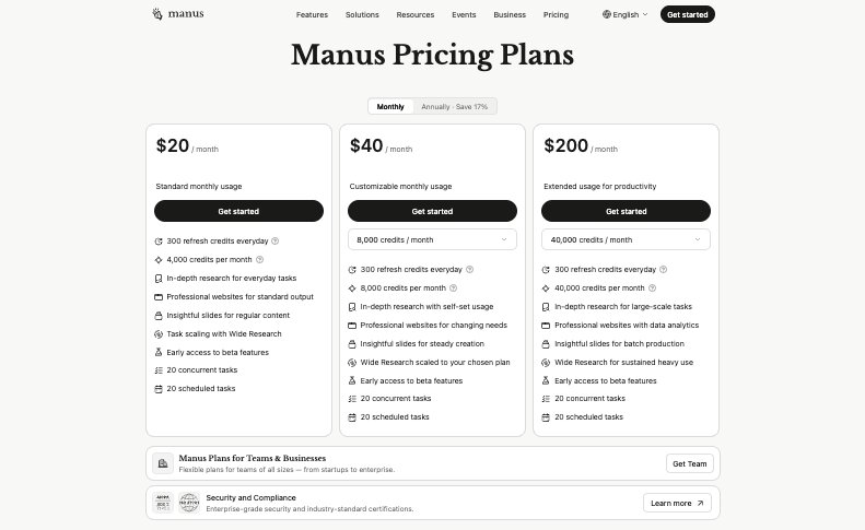 Manus pricing plans