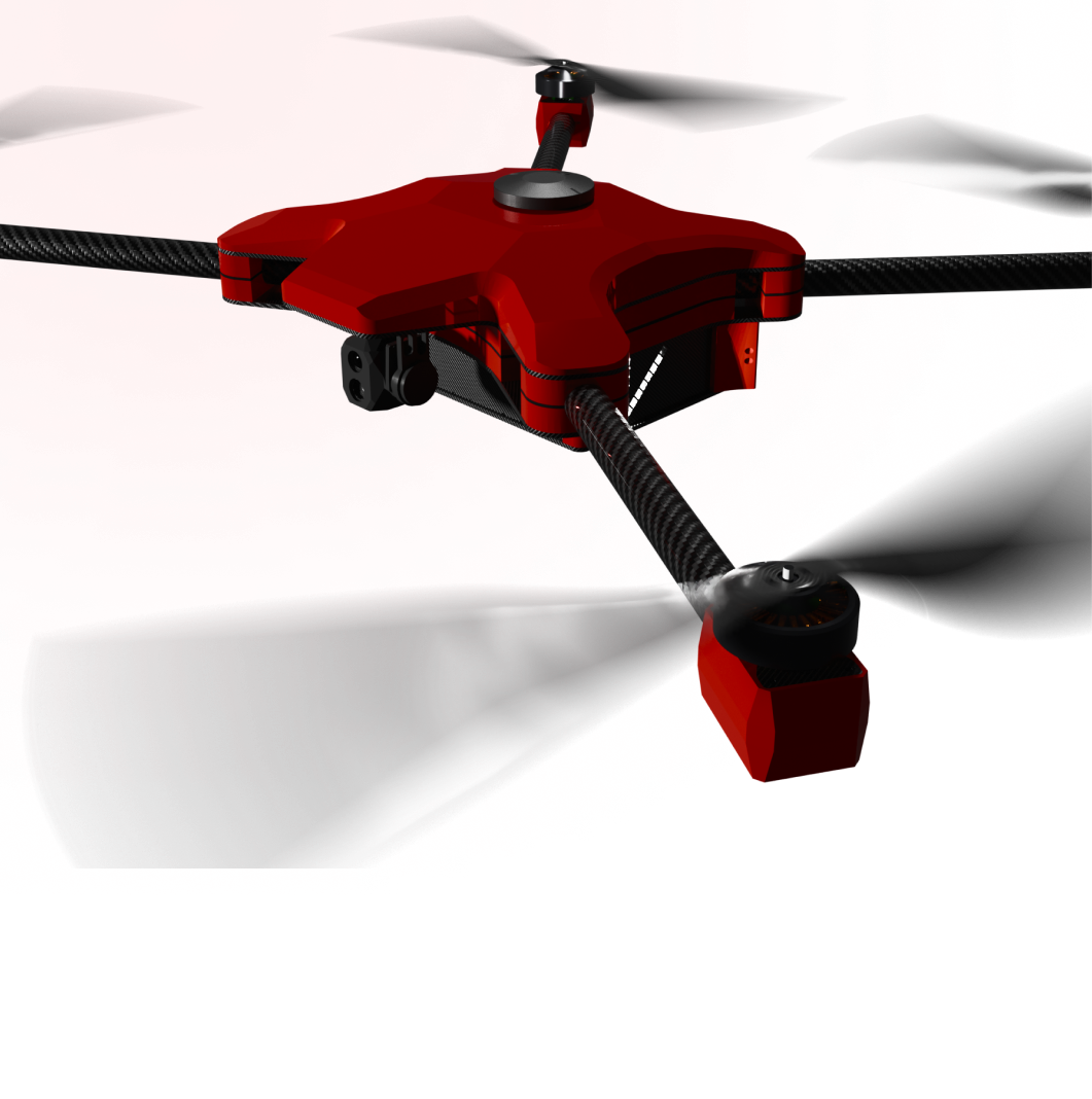 Red quadcopter drone with four black propellers and carbon fiber arms.