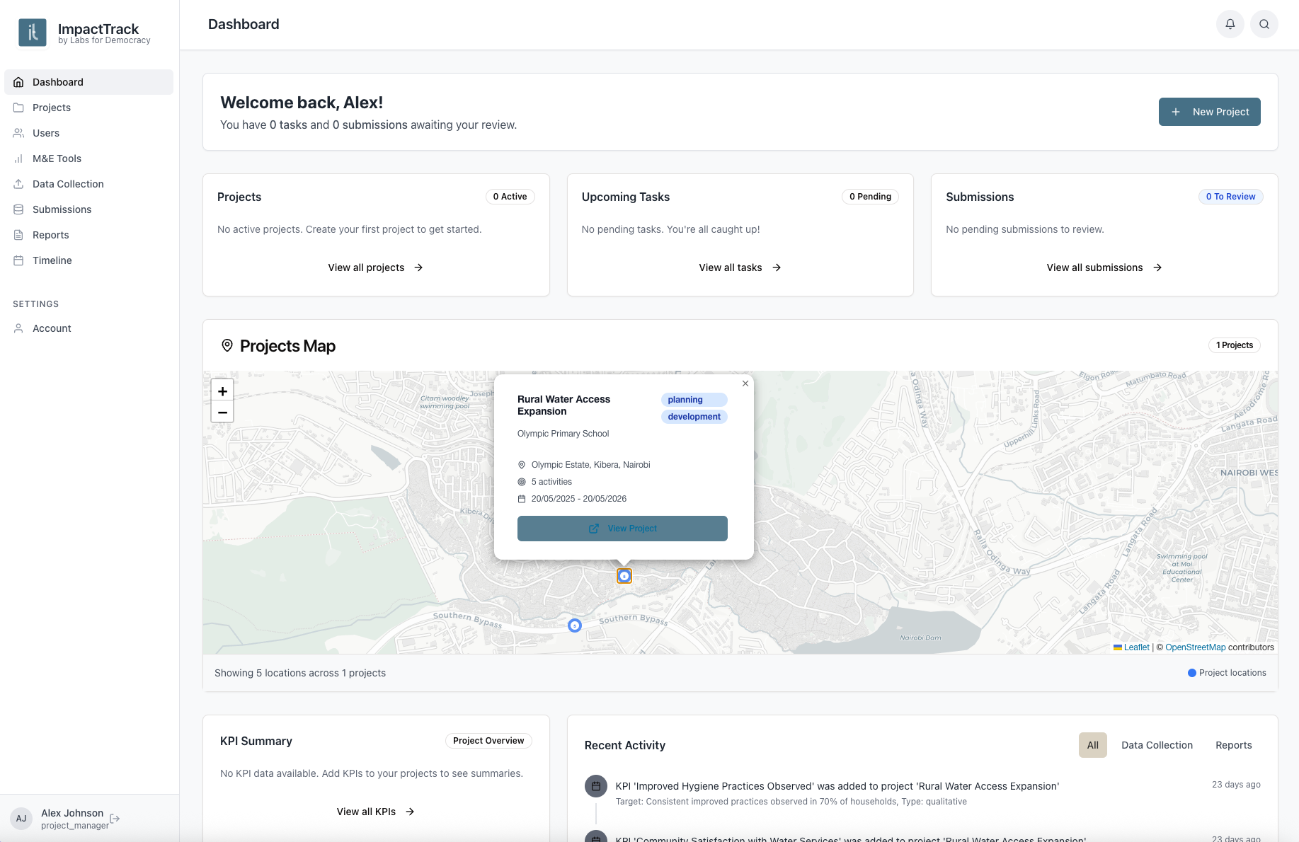 Real-time dashboard for CSOs and donors to track project outcomes, analyze data, and streamline reporting workflows.