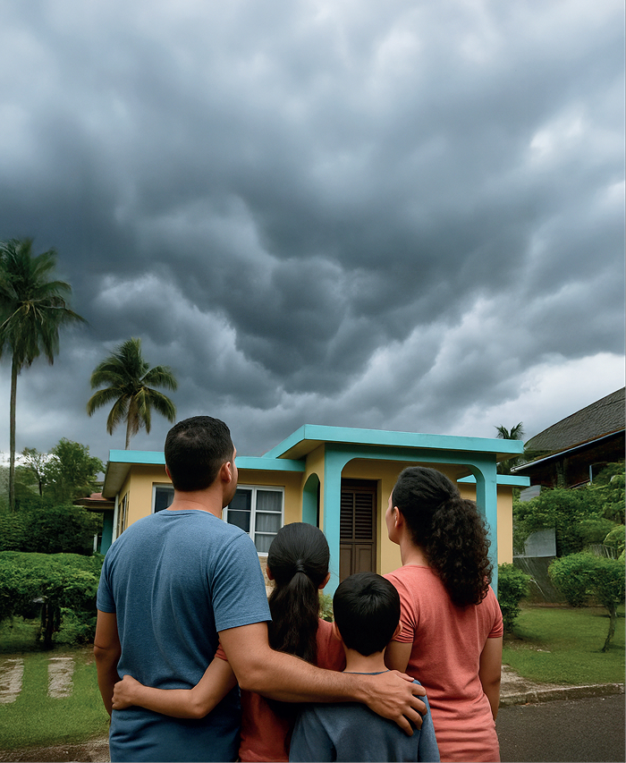 Familia puertorriqueña preparándose ante la llegada de un huracán