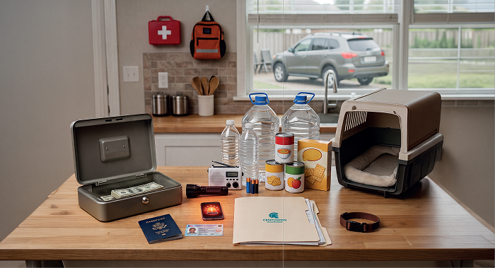 Kit de emergencia con agua, alimentos, radio, documentos y artículos para mascotas