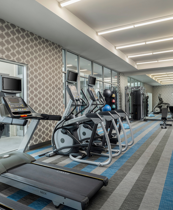 Modern gym room with treadmills, elliptical machines, exercise balls, and weight machines on striped carpeted floor.