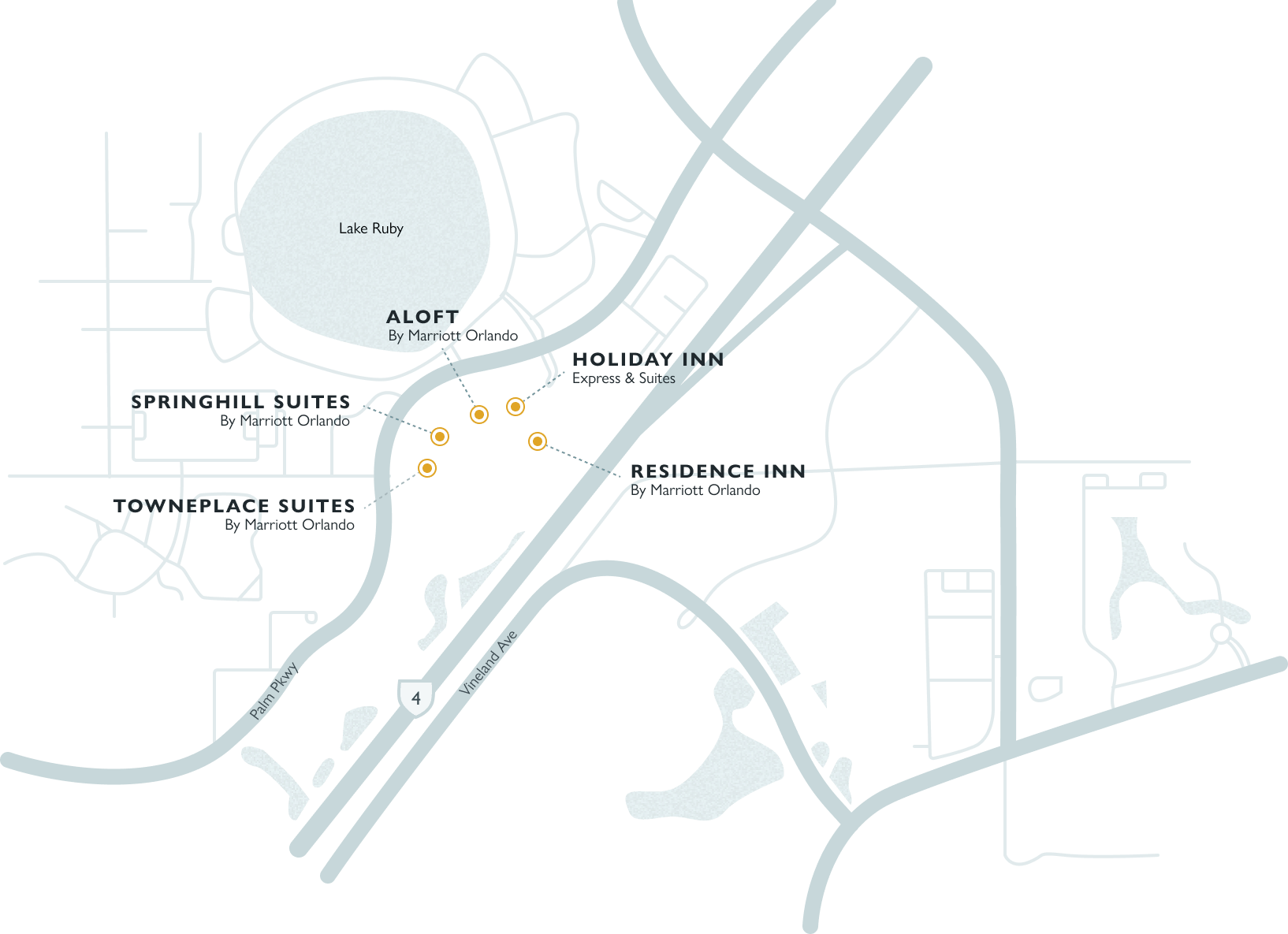 Map showing hotel locations around Lake Ruby in Orlando, including Aloft Orlando, Holiday Inn Express & Suites, SpringHill Suites by Marriott Orlando, Residence Inn by Marriott Orlando, and TownePlace Suites by Marriott Orlando near Palm Parkway and Vineland Avenue.