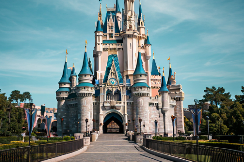 Front view of Walt Disney World Cinderella Castle with blue spires under a partly cloudy sky.
