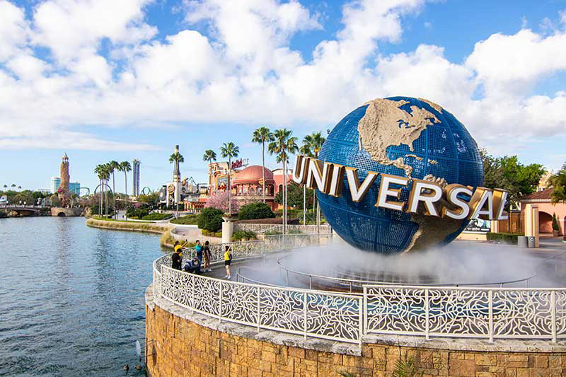 Universal globe sculpture near waterfront with palm trees and theme park buildings in the background.