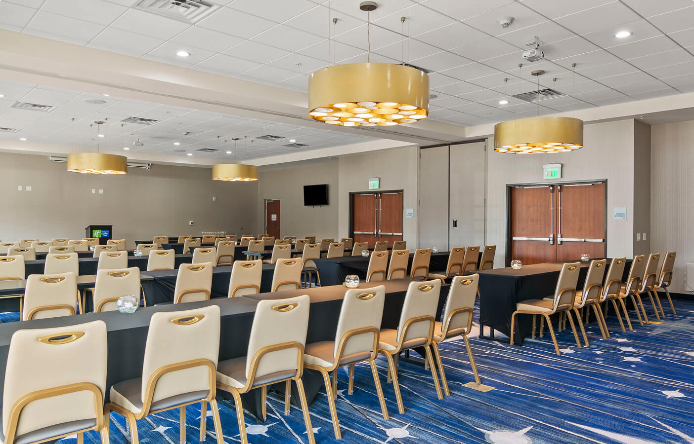Conference room with tables covered in black cloth and beige chairs on a blue carpet with star patterns.